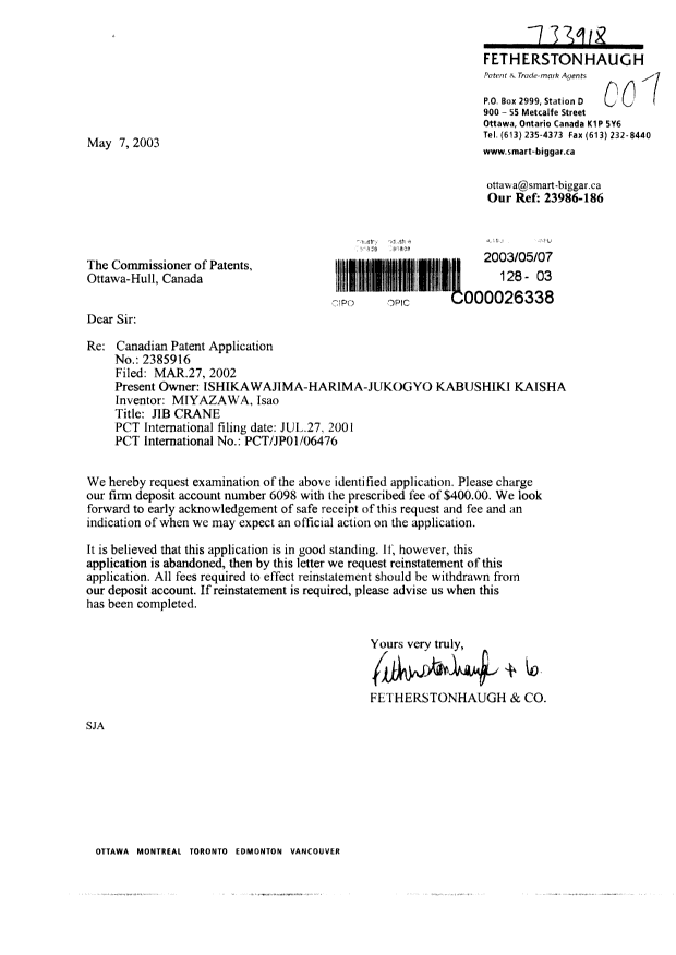Canadian Patent Document 2385916. Prosecution-Amendment 20030507. Image 1 of 1