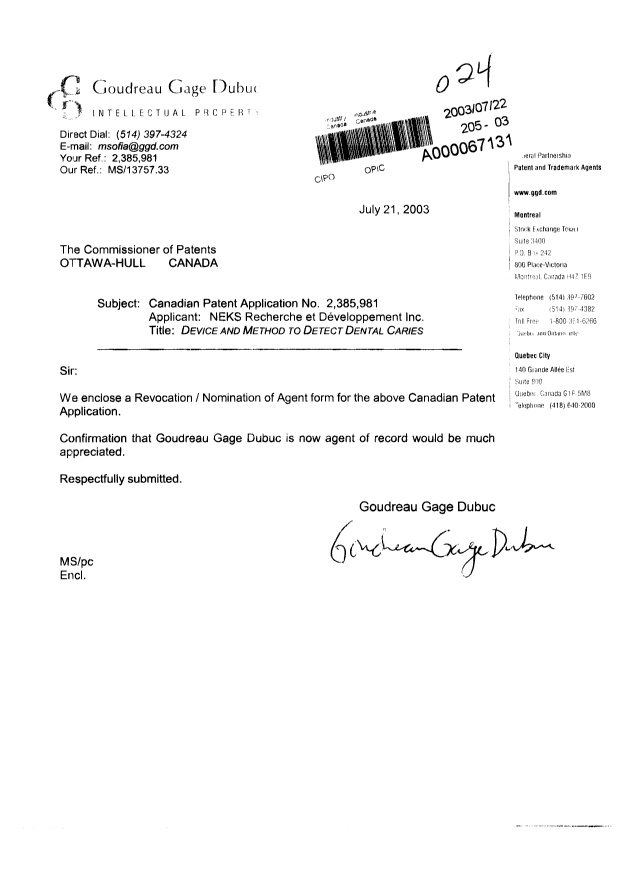 Document de brevet canadien 2385981. Correspondance 20030722. Image 1 de 2