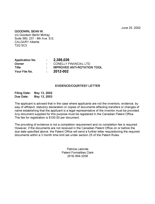 Canadian Patent Document 2386026. Correspondence 20011220. Image 1 of 1