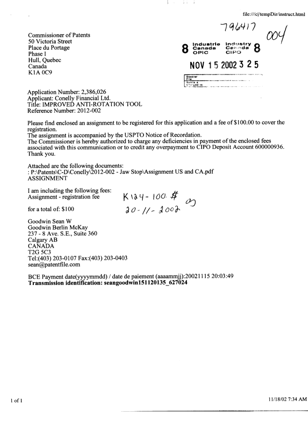 Canadian Patent Document 2386026. Assignment 20021115. Image 1 of 7