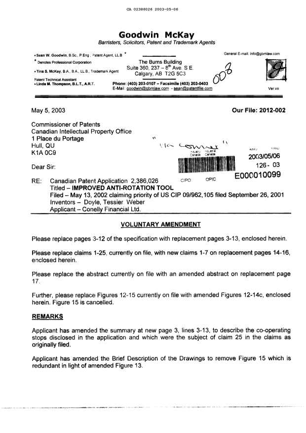 Document de brevet canadien 2386026. Poursuite-Amendment 20030506. Image 1 de 20