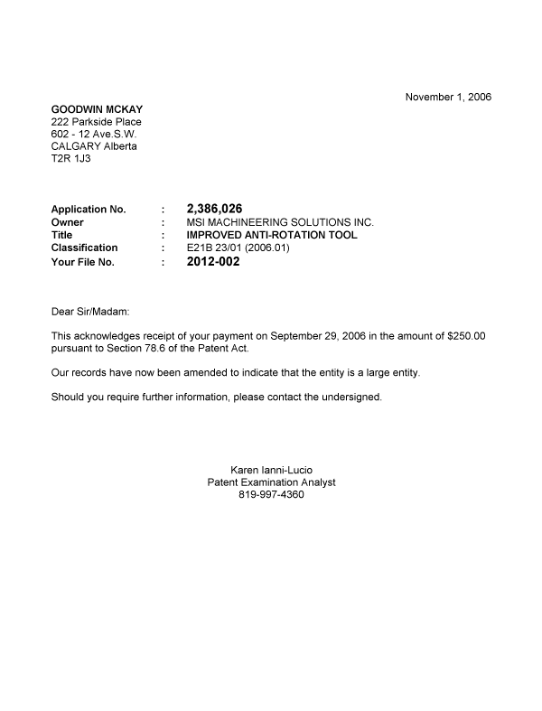 Canadian Patent Document 2386026. Correspondence 20051201. Image 1 of 1