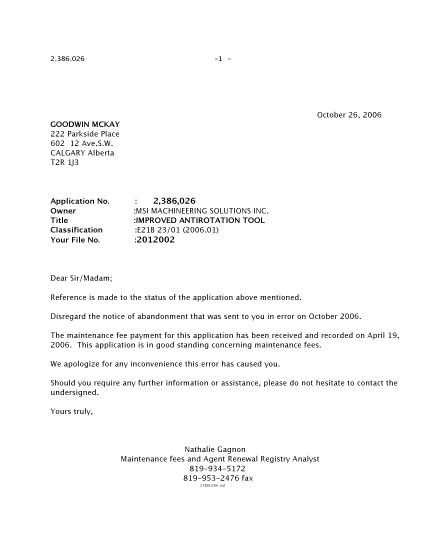 Canadian Patent Document 2386026. Correspondence 20051226. Image 1 of 1