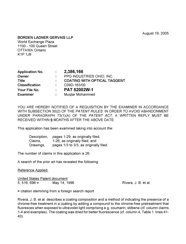 Canadian Patent Document 2386166. Prosecution-Amendment 20050819. Image 1 of 2