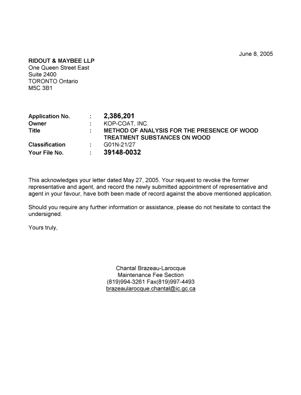 Document de brevet canadien 2386201. Correspondance 20050608. Image 1 de 1