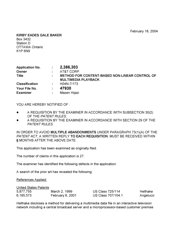 Canadian Patent Document 2386303. Prosecution-Amendment 20040218. Image 1 of 3