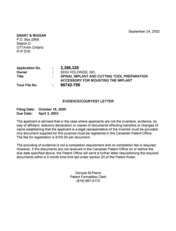 Document de brevet canadien 2386328. Correspondance 20020920. Image 1 de 1