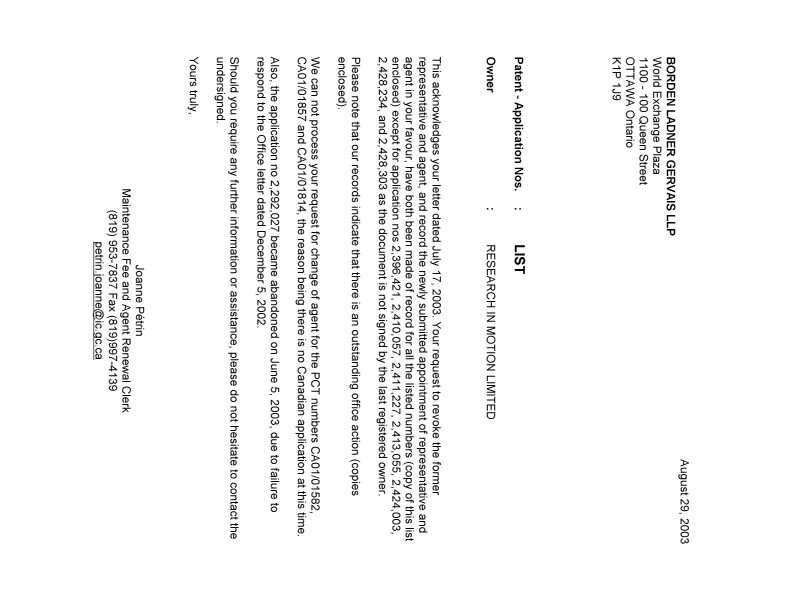 Document de brevet canadien 2386479. Correspondance 20030829. Image 1 de 1