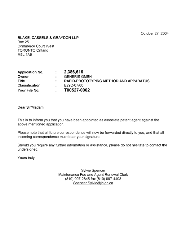 Document de brevet canadien 2386616. Correspondance 20041027. Image 1 de 1
