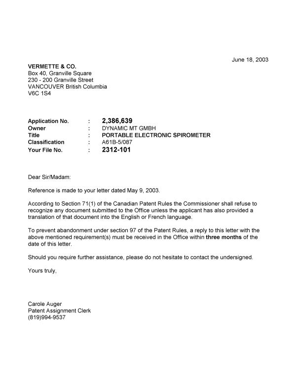 Canadian Patent Document 2386639. Correspondence 20030618. Image 1 of 1