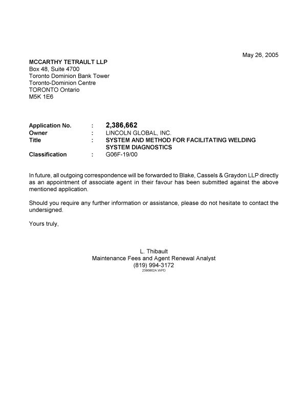 Canadian Patent Document 2386662. Correspondence 20050526. Image 1 of 1