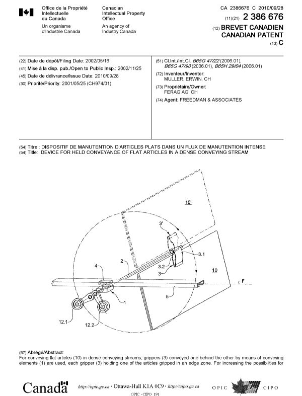 Canadian Patent Document 2386676. Cover Page 20100901. Image 1 of 2