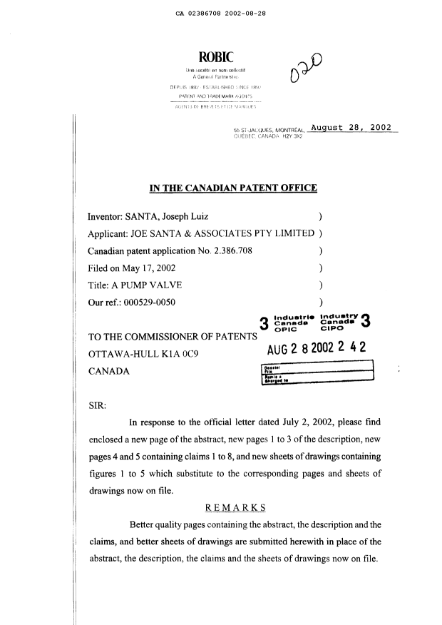 Canadian Patent Document 2386708. Correspondence 20020828. Image 1 of 13