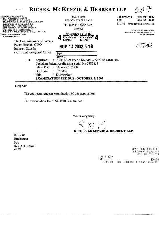 Canadian Patent Document 2386853. Prosecution-Amendment 20011214. Image 1 of 1