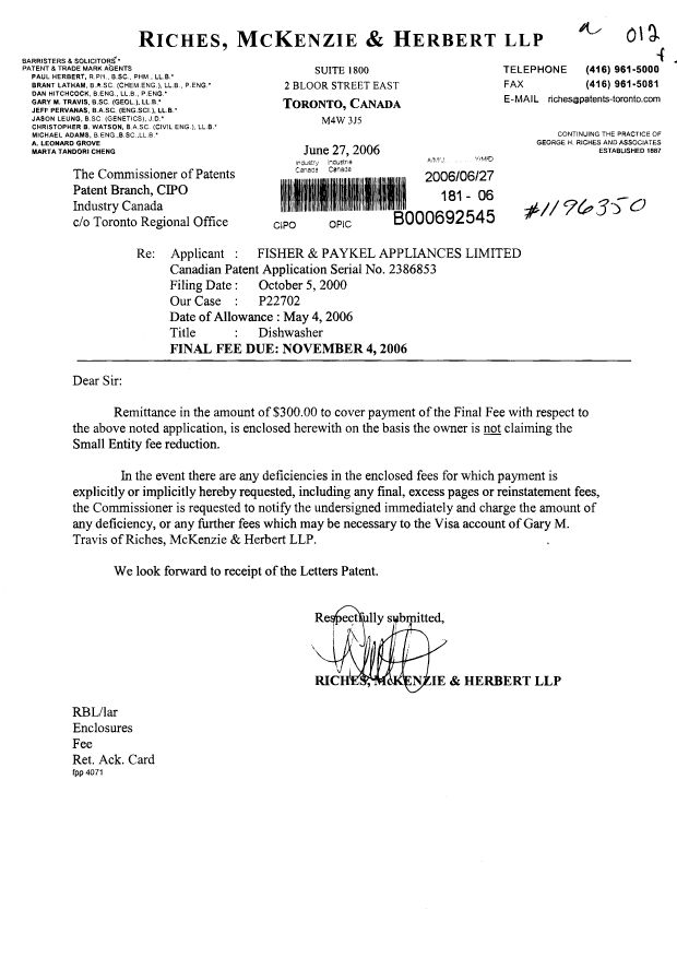 Canadian Patent Document 2386853. Correspondence 20051227. Image 1 of 1
