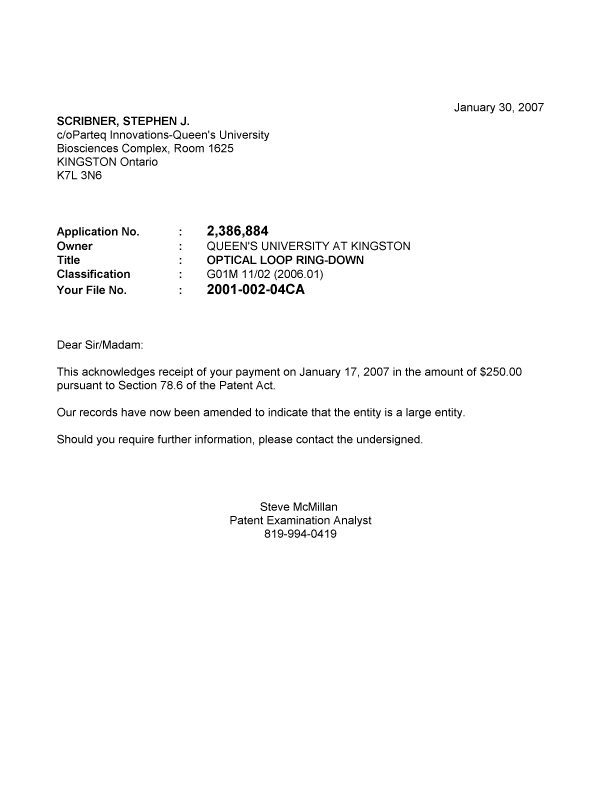 Canadian Patent Document 2386884. Correspondence 20061230. Image 1 of 1