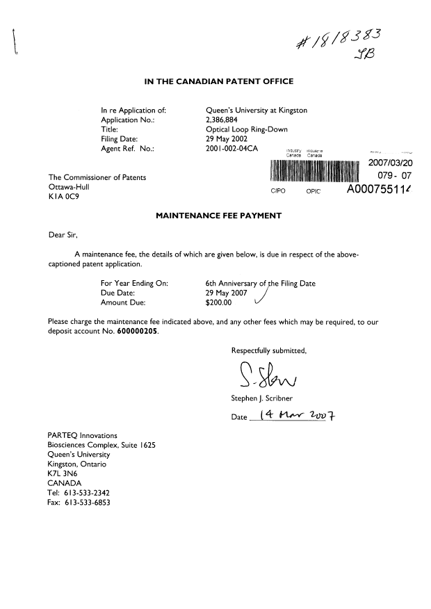 Document de brevet canadien 2386884. Taxes 20070320. Image 1 de 1