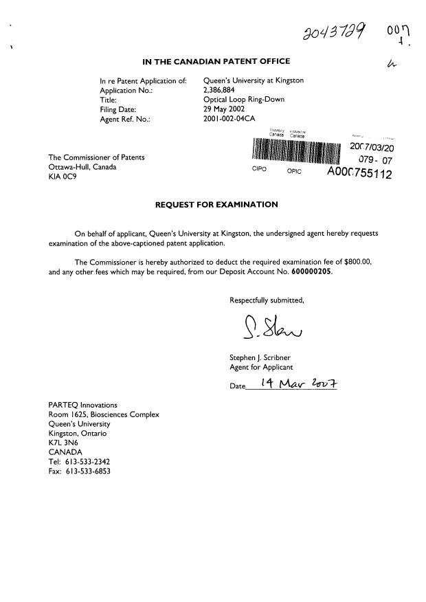 Canadian Patent Document 2386884. Prosecution-Amendment 20070320. Image 1 of 1