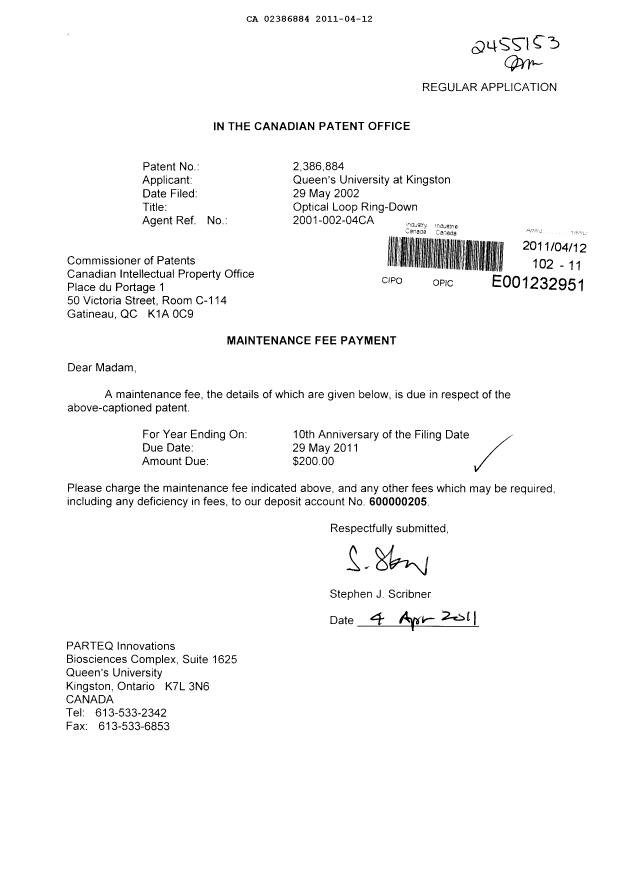 Document de brevet canadien 2386884. Taxes 20110412. Image 1 de 1