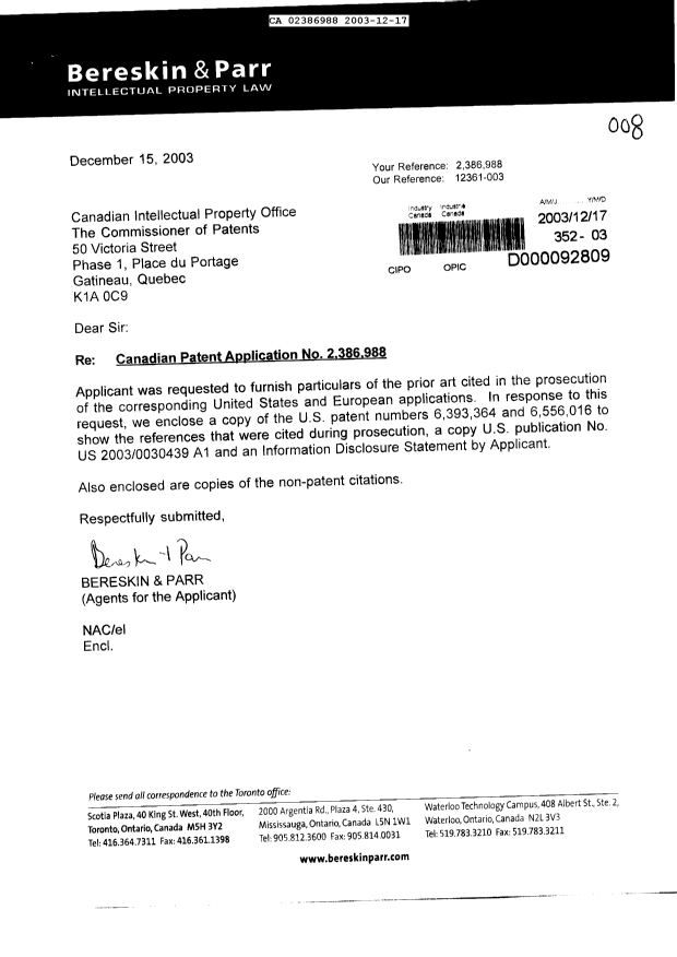 Canadian Patent Document 2386988. Prosecution-Amendment 20031217. Image 1 of 1
