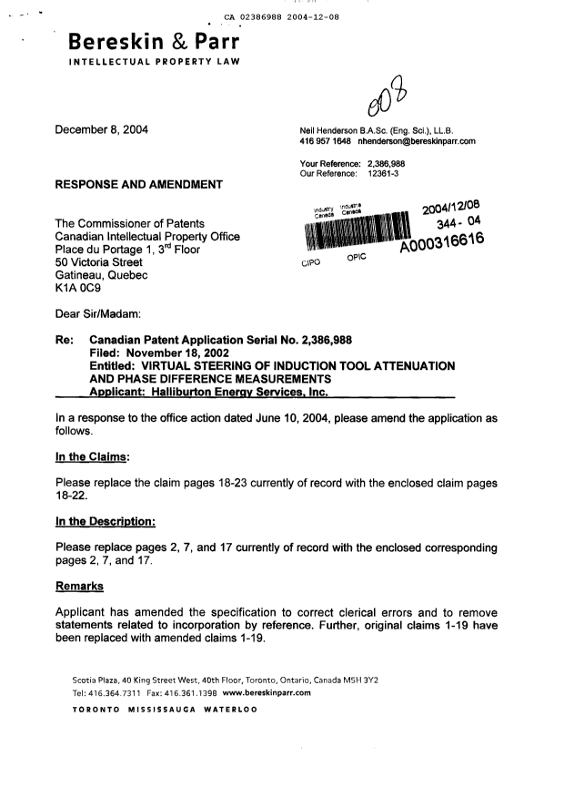 Canadian Patent Document 2386988. Prosecution-Amendment 20041208. Image 1 of 10