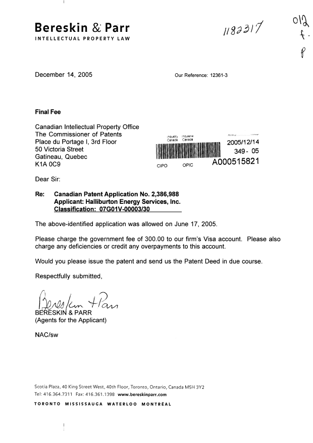 Canadian Patent Document 2386988. Correspondence 20051214. Image 1 of 1