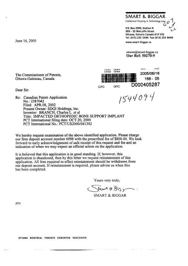 Canadian Patent Document 2387042. Prosecution-Amendment 20050616. Image 1 of 1