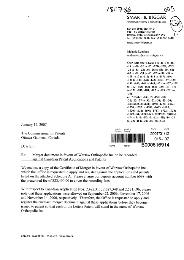 Document de brevet canadien 2387042. Cession 20070112. Image 1 de 24