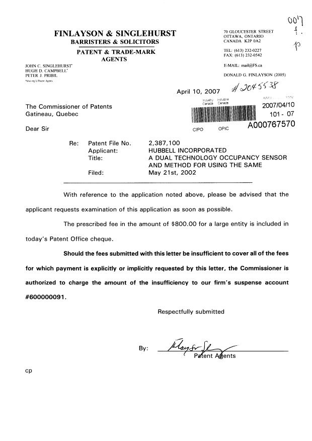 Canadian Patent Document 2387100. Prosecution-Amendment 20070410. Image 1 of 1