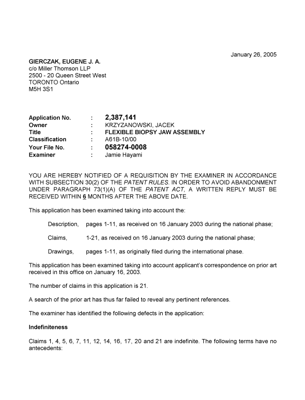 Canadian Patent Document 2387141. Prosecution-Amendment 20050126. Image 1 of 2
