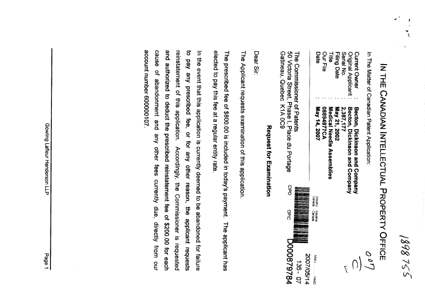Canadian Patent Document 2387177. Prosecution-Amendment 20070514. Image 1 of 2