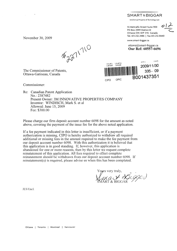 Document de brevet canadien 2387482. Correspondance 20091130. Image 1 de 1