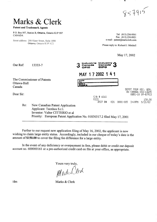 Document de brevet canadien 2387704. Cession 20020517. Image 1 de 4