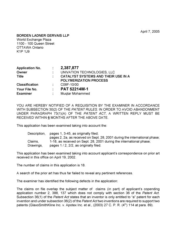 Canadian Patent Document 2387877. Prosecution-Amendment 20050407. Image 1 of 3