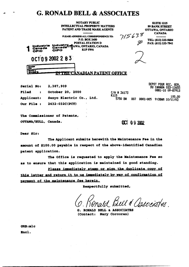 Canadian Patent Document 2387909. Fees 20021009. Image 1 of 1
