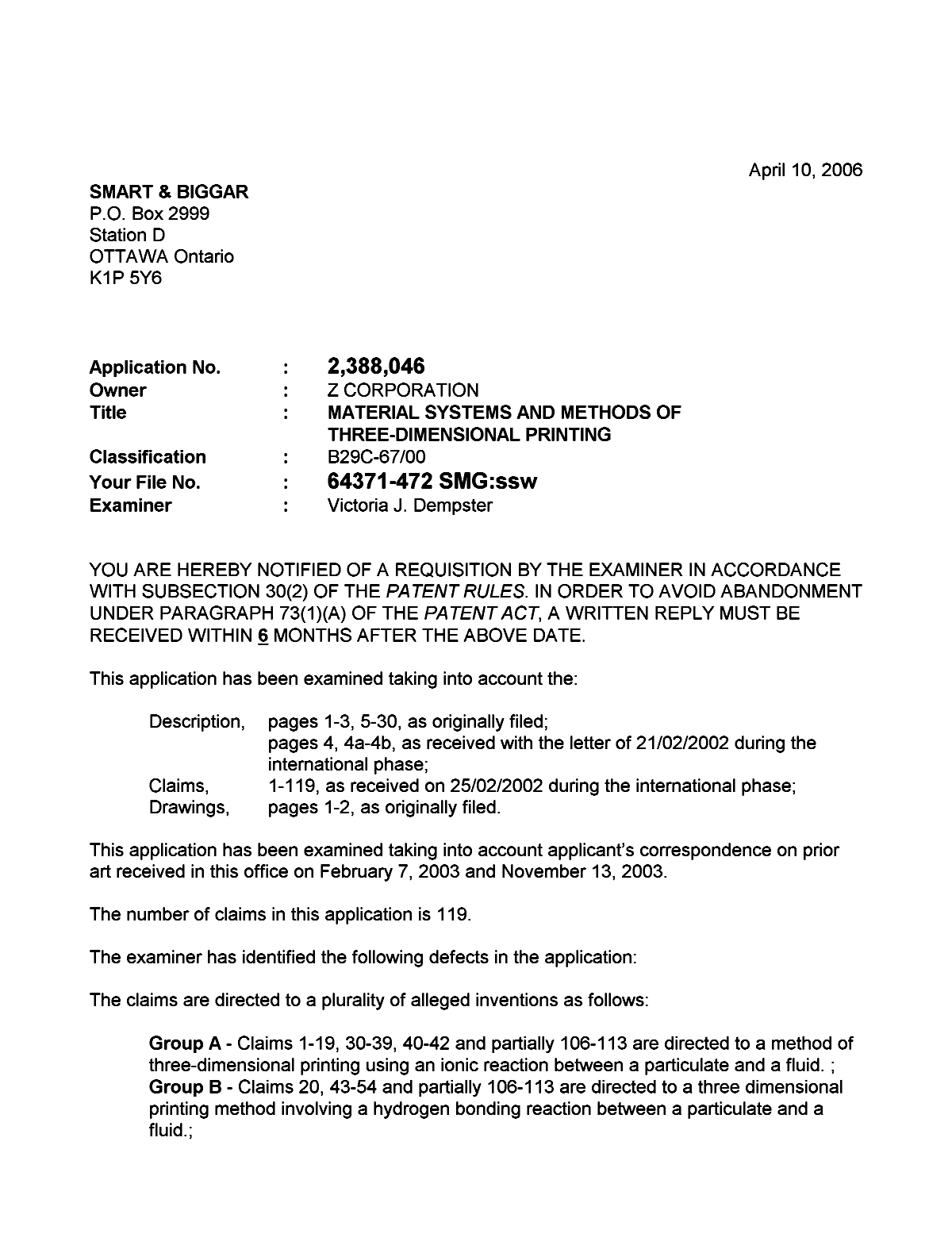 Canadian Patent Document 2388046. Prosecution-Amendment 20060410. Image 1 of 3