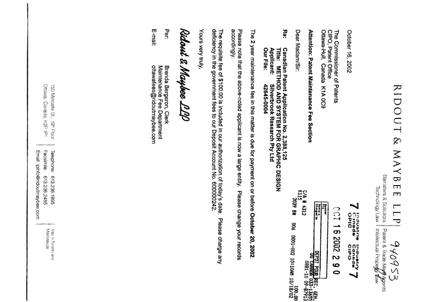 Document de brevet canadien 2388125. Taxes 20021016. Image 1 de 1