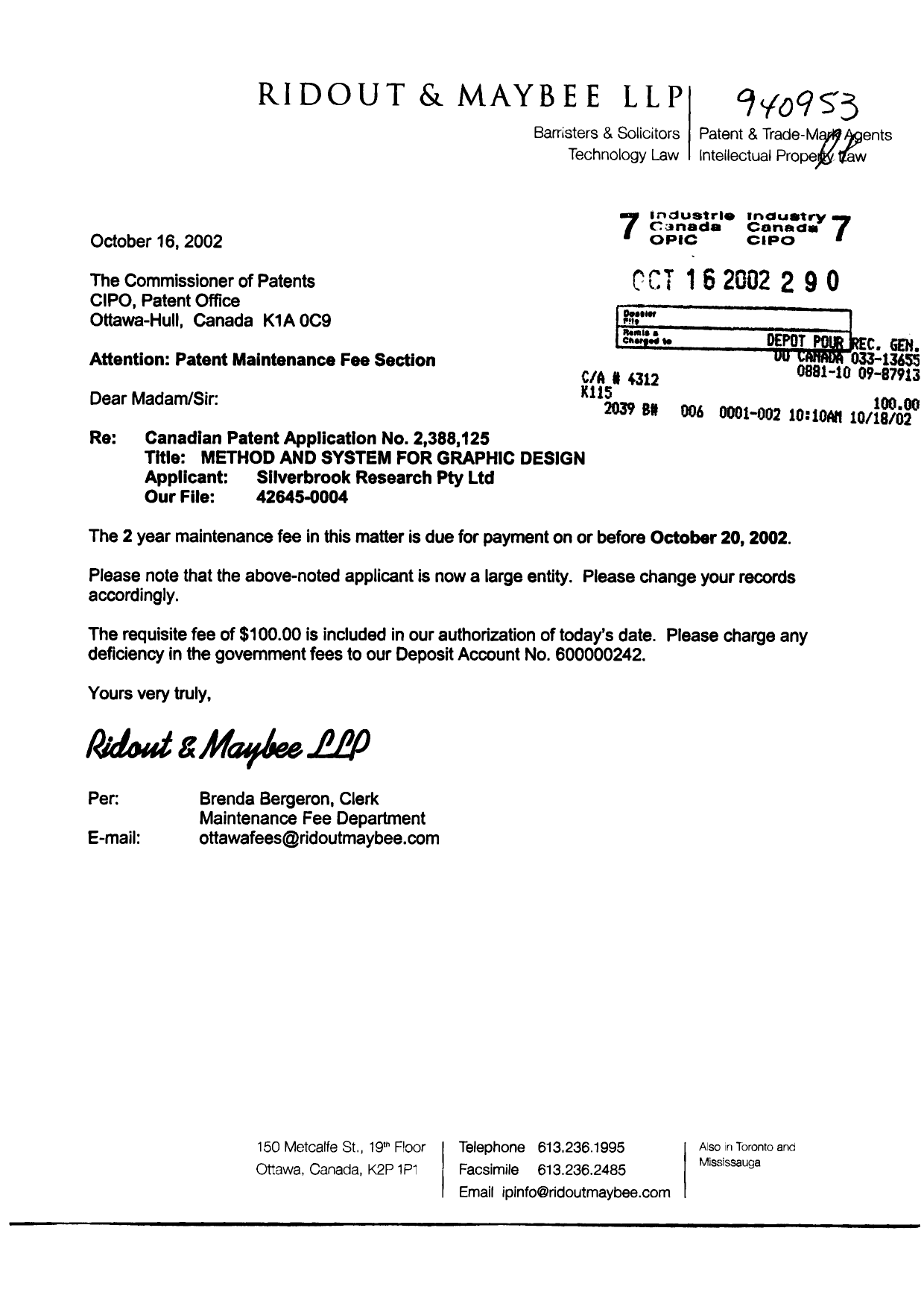 Document de brevet canadien 2388125. Taxes 20021016. Image 1 de 1