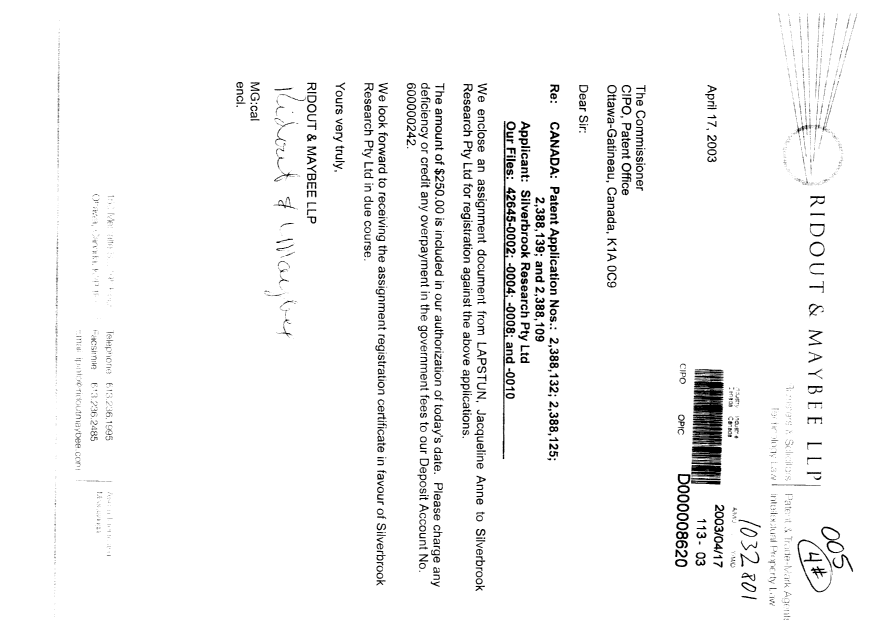 Document de brevet canadien 2388125. Cession 20030417. Image 1 de 3