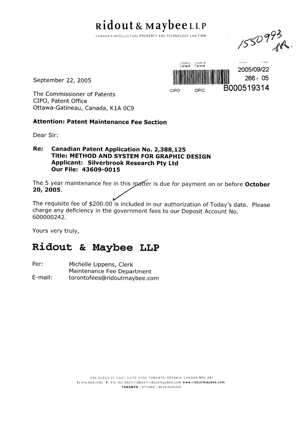 Document de brevet canadien 2388125. Taxes 20050922. Image 1 de 1