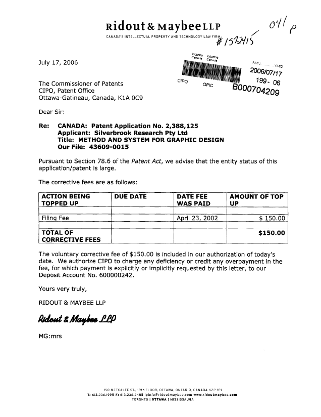 Canadian Patent Document 2388125. Prosecution-Amendment 20060717. Image 1 of 1