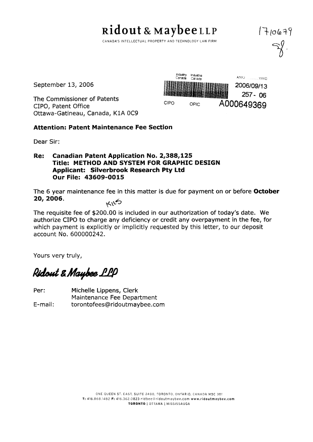 Canadian Patent Document 2388125. Fees 20060913. Image 1 of 1