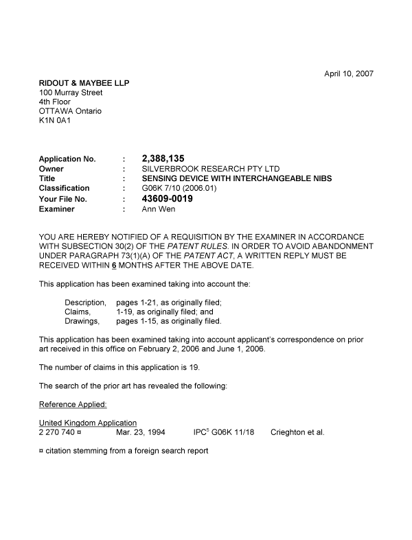 Document de brevet canadien 2388135. Poursuite-Amendment 20070410. Image 1 de 3