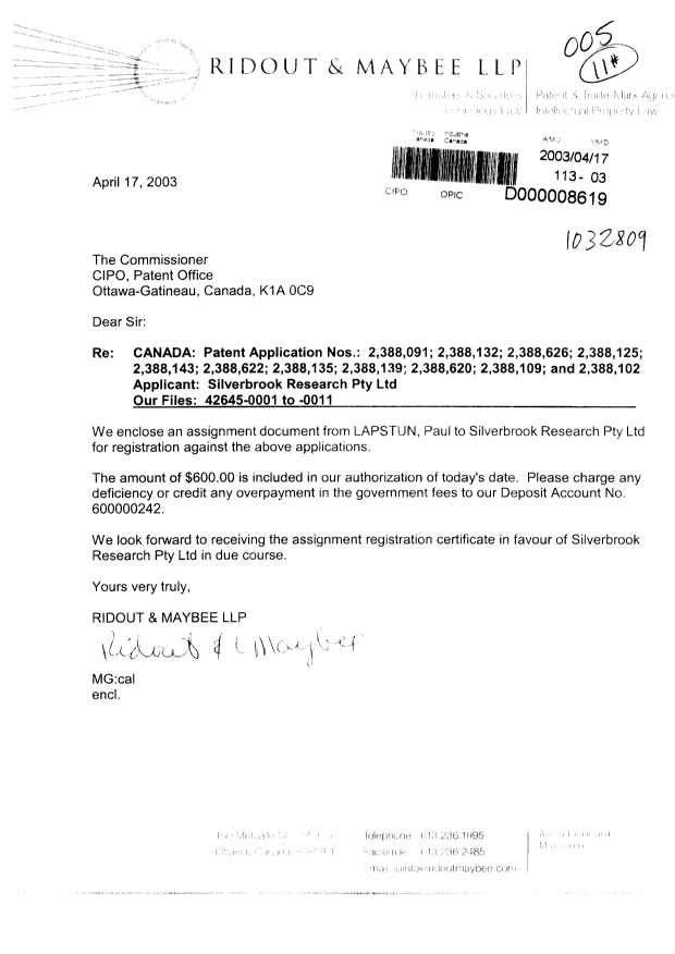 Document de brevet canadien 2388139. Cession 20030417. Image 1 de 3