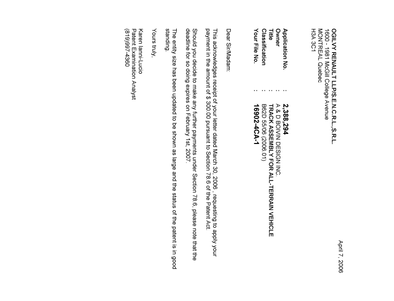 Document de brevet canadien 2388294. Correspondance 20051207. Image 1 de 1