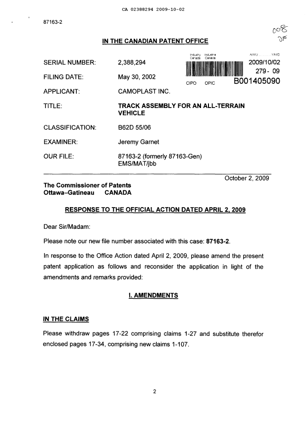 Canadian Patent Document 2388294. Prosecution-Amendment 20091002. Image 1 of 21