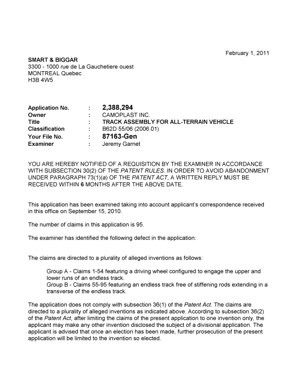 Canadian Patent Document 2388294. Prosecution-Amendment 20110201. Image 1 of 2