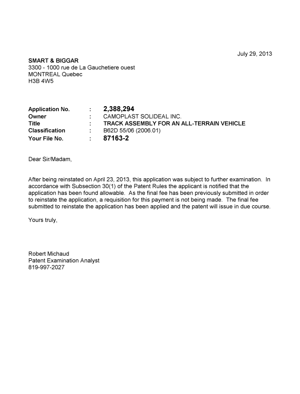 Canadian Patent Document 2388294. Correspondence 20121229. Image 1 of 1