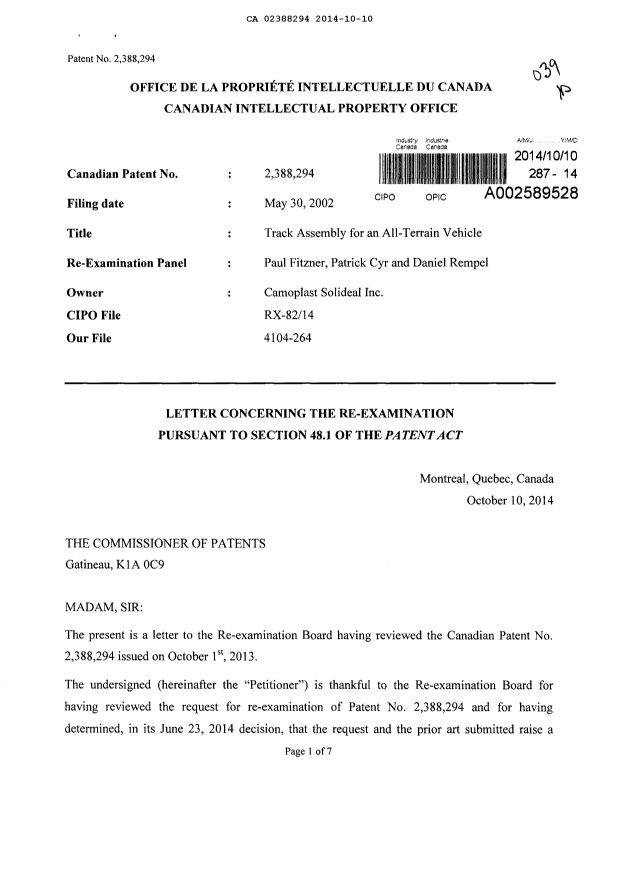 Canadian Patent Document 2388294. Prosecution-Amendment 20131210. Image 1 of 7