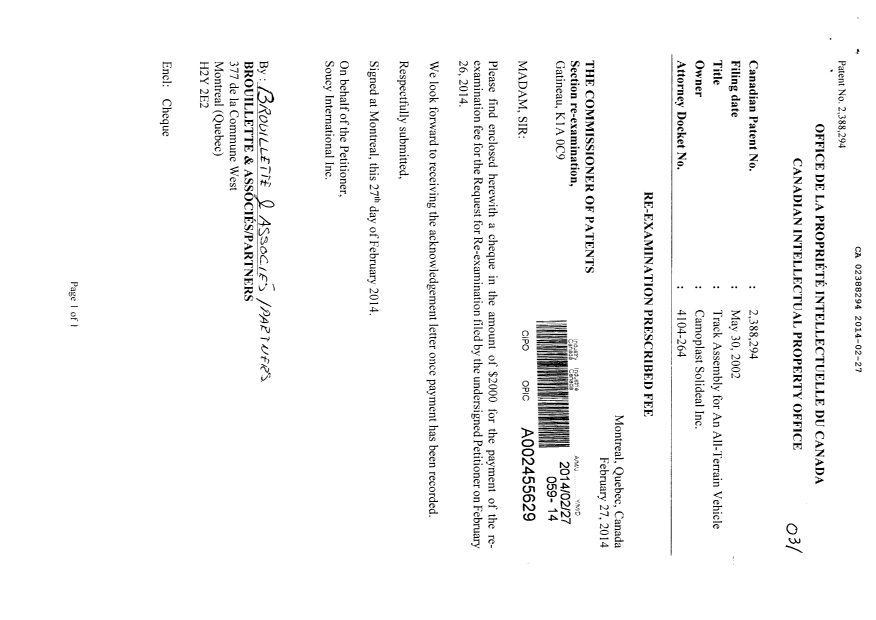 Document de brevet canadien 2388294. Poursuite-Amendment 20140227. Image 1 de 2